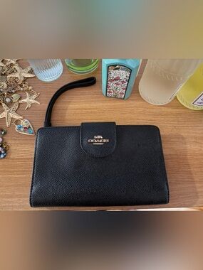 Coach Wallet -  Black Pebbled Leather Wristlet with Gold Logo Accent